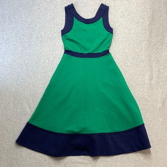 Lands End Womens Fit Flare Pockets Dress 2 Green Blue Work Retro 50s 60s 90s - Picture 1 of 12